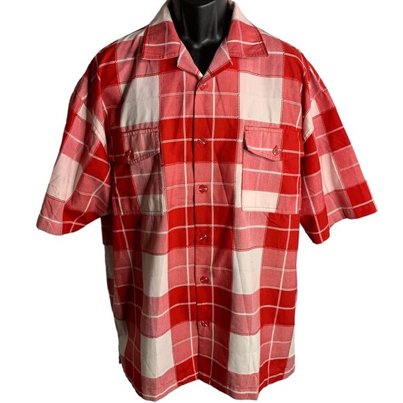 Vintage 90s Button Up Checkered Shirt XL Red Pockets Textured Short Sleeves - Picture 1 of 6